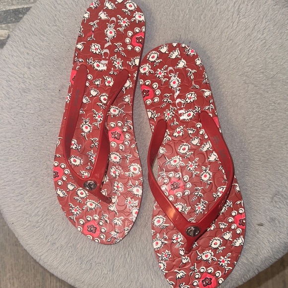 Coach Stylish Red Floral Flip Flops - Picture 2 of 5